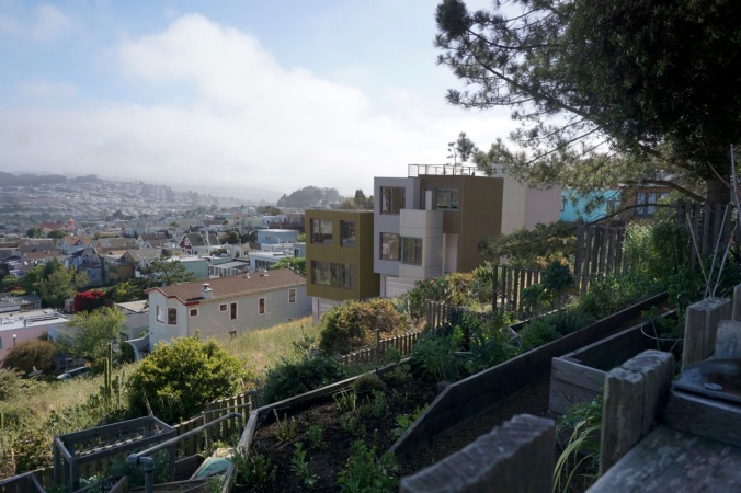 Rendering of proposed homes, view southwest from public garden below Bernal Heights Blvd.