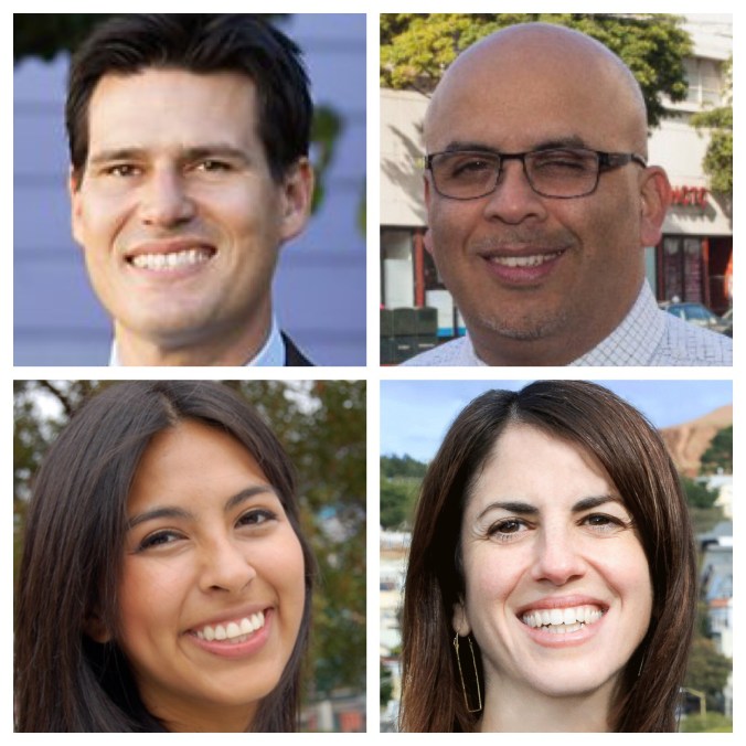 The D9 Candidates: Clockwise from top left: Joshua Arce, Iswari Espana, Hillary Ronen, and Melissa San Miguel