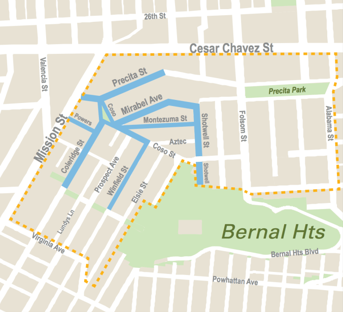 Streets initially proposed for a new northwest Bernal RPP zone. Source: SFMTA